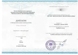 Диплом о профессиональной переподготовке — судебный эксперт по направлению «Судебная инженерно-техническая экспертиза» (2020)