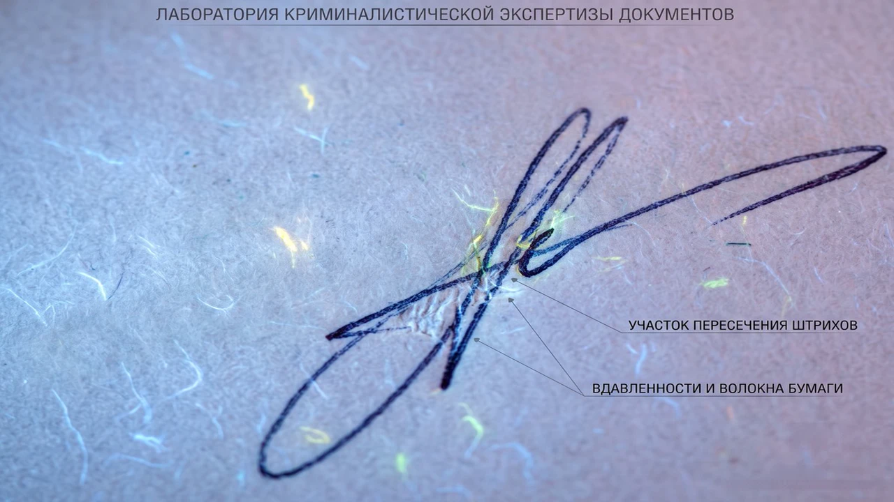 Исследование подписи под микроскопом в ультрафиолетовых лучах.