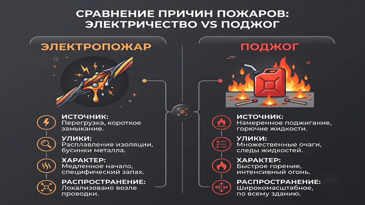 Инфографика отличий умышленного поджога от короткого замыкания электропроводки.