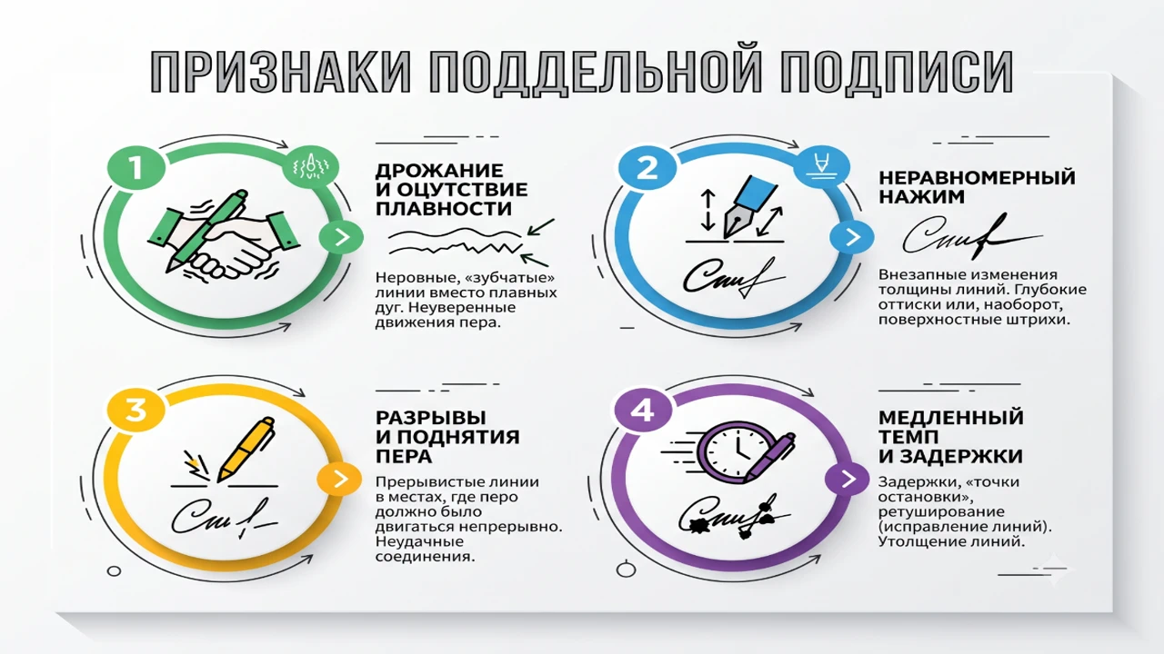 Инфографика с основными признаками поддельной подписи: тремор, нажим, прерывистость.