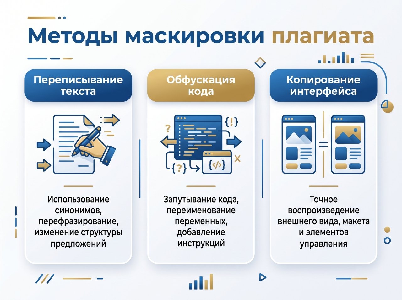 Инфографика: методы маскировки плагиата и способы их выявления экспертами.